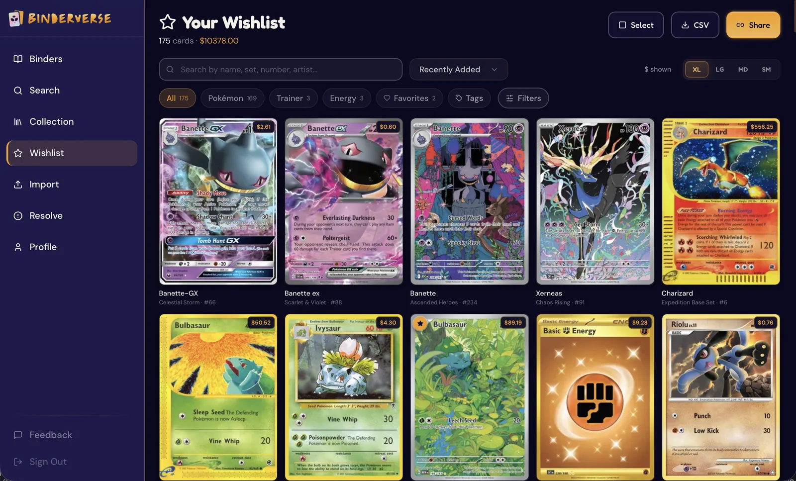 Wishlist — cards you are hunting