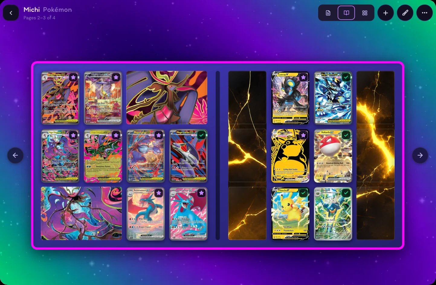 A binder page with the collector's own artwork spanning the sleeves