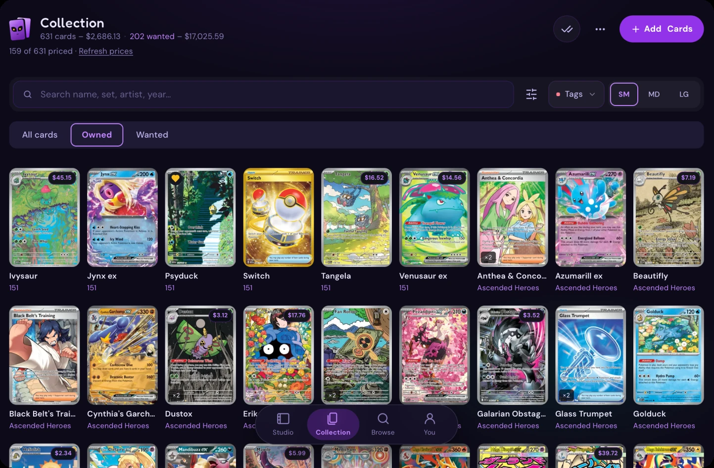The collection view showing every owned card at a glance