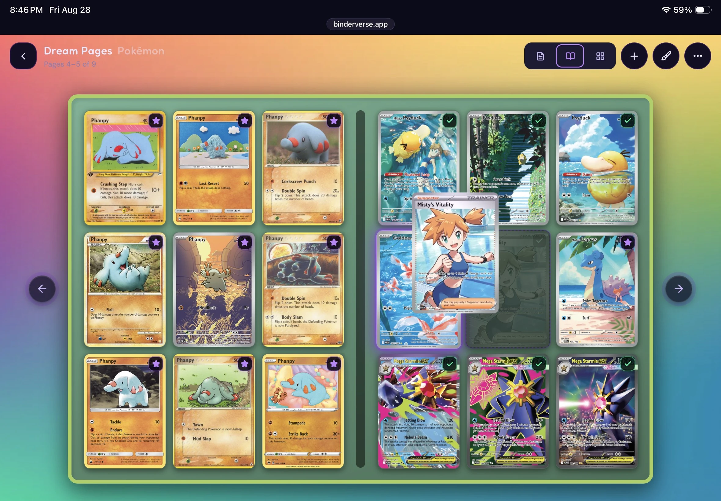 A Binderverse page of Pokémon cards on a sunset gradient background
